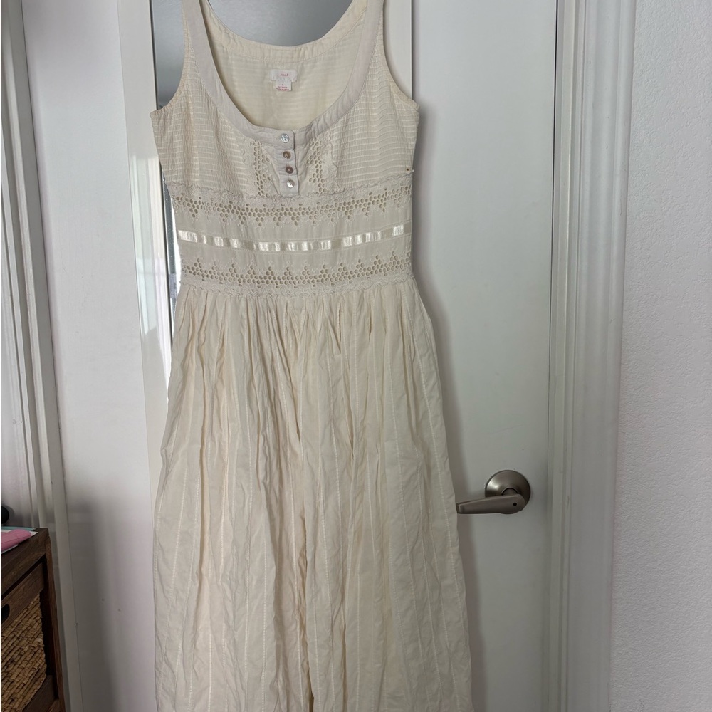 Ivory Sleeveless Maxi Dress with Lace & Ribbon Detail- cotton material